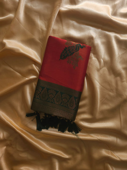 Cotton SilCrimson Red with Emerald Green & Antique Gold Border Cotton Silk Blented Saree