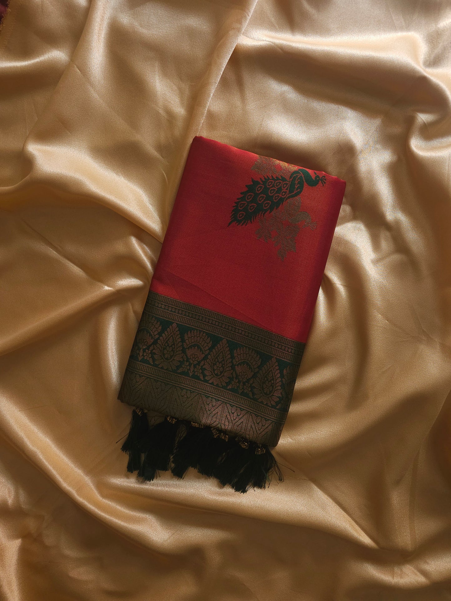 Cotton SilCrimson Red with Emerald Green & Antique Gold Border Cotton Silk Blented Saree