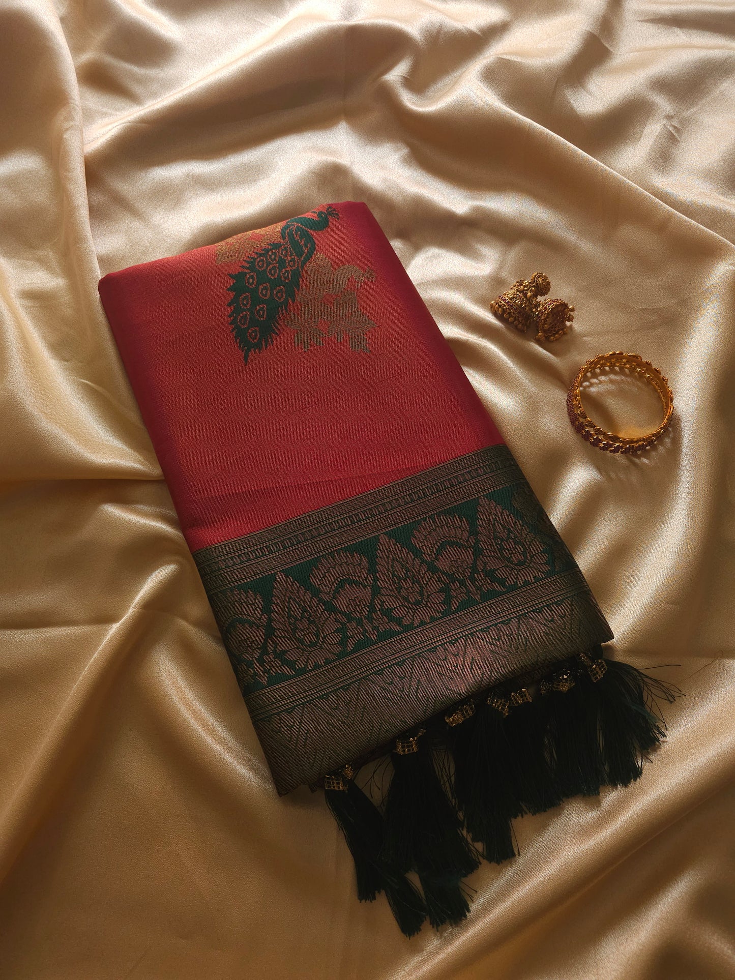 Cotton SilCrimson Red with Emerald Green & Antique Gold Border Cotton Silk Blented Saree