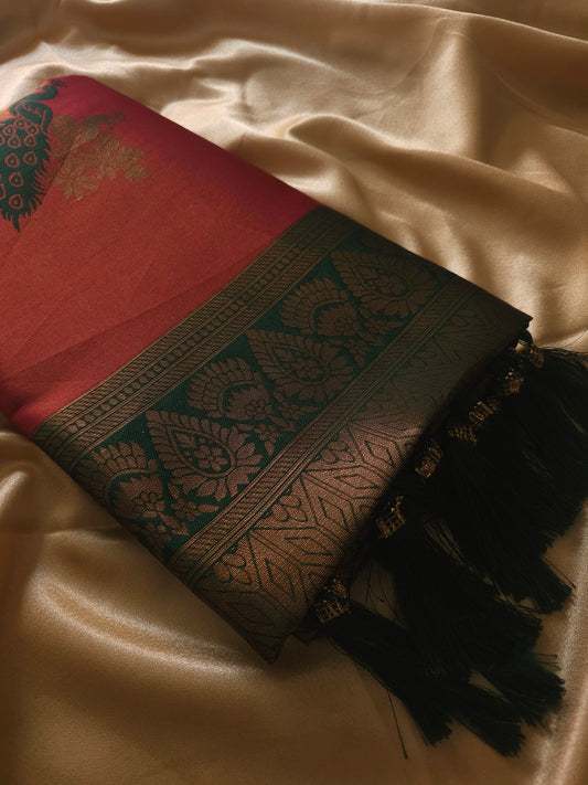 Cotton SilCrimson Red with Emerald Green & Antique Gold Border Cotton Silk Blented Saree