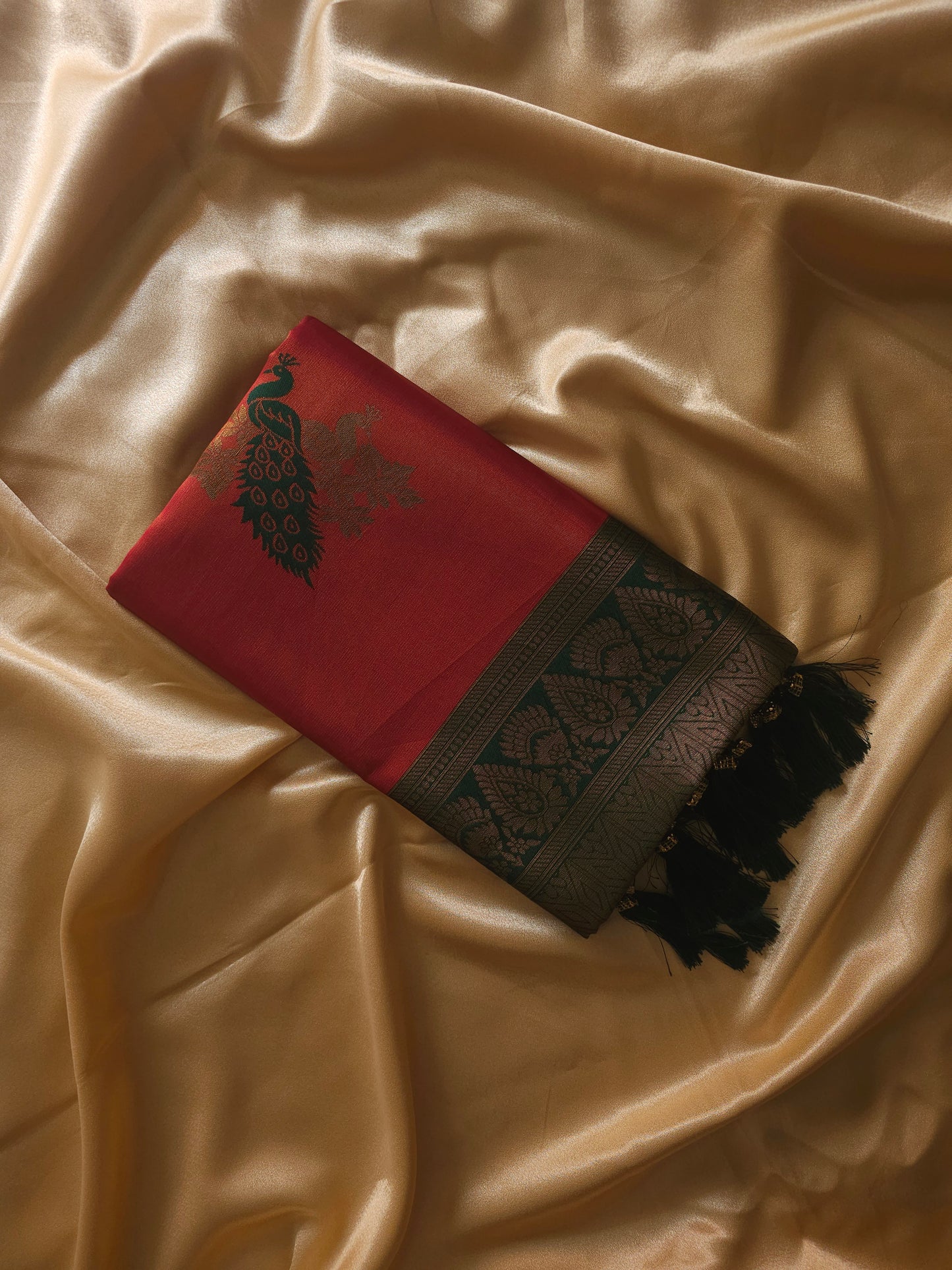 Cotton SilCrimson Red with Emerald Green & Antique Gold Border Cotton Silk Blented Saree