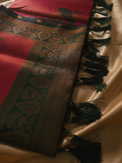 Cotton SilCrimson Red with Emerald Green & Antique Gold Border Cotton Silk Blented Saree
