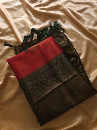 Cotton SilCrimson Red with Emerald Green & Antique Gold Border Cotton Silk Blented Saree