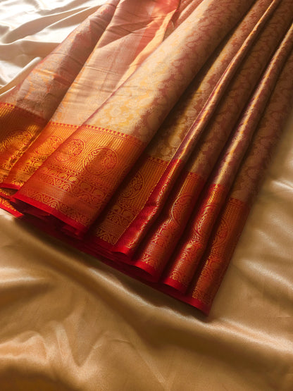 Rich Traditional soft Silk Cotton blend  Antique Gold with Crimson Red Zari Border Saree