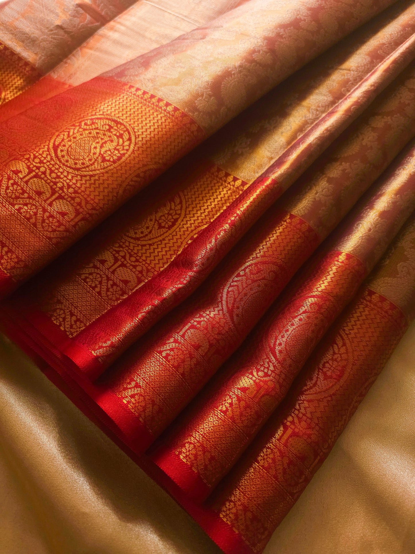 Rich Traditional soft Silk Cotton blend  Antique Gold with Crimson Red Zari Border Saree