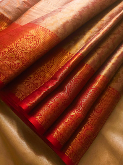 Rich Traditional soft Silk Cotton blend  Antique Gold with Crimson Red Zari Border Saree