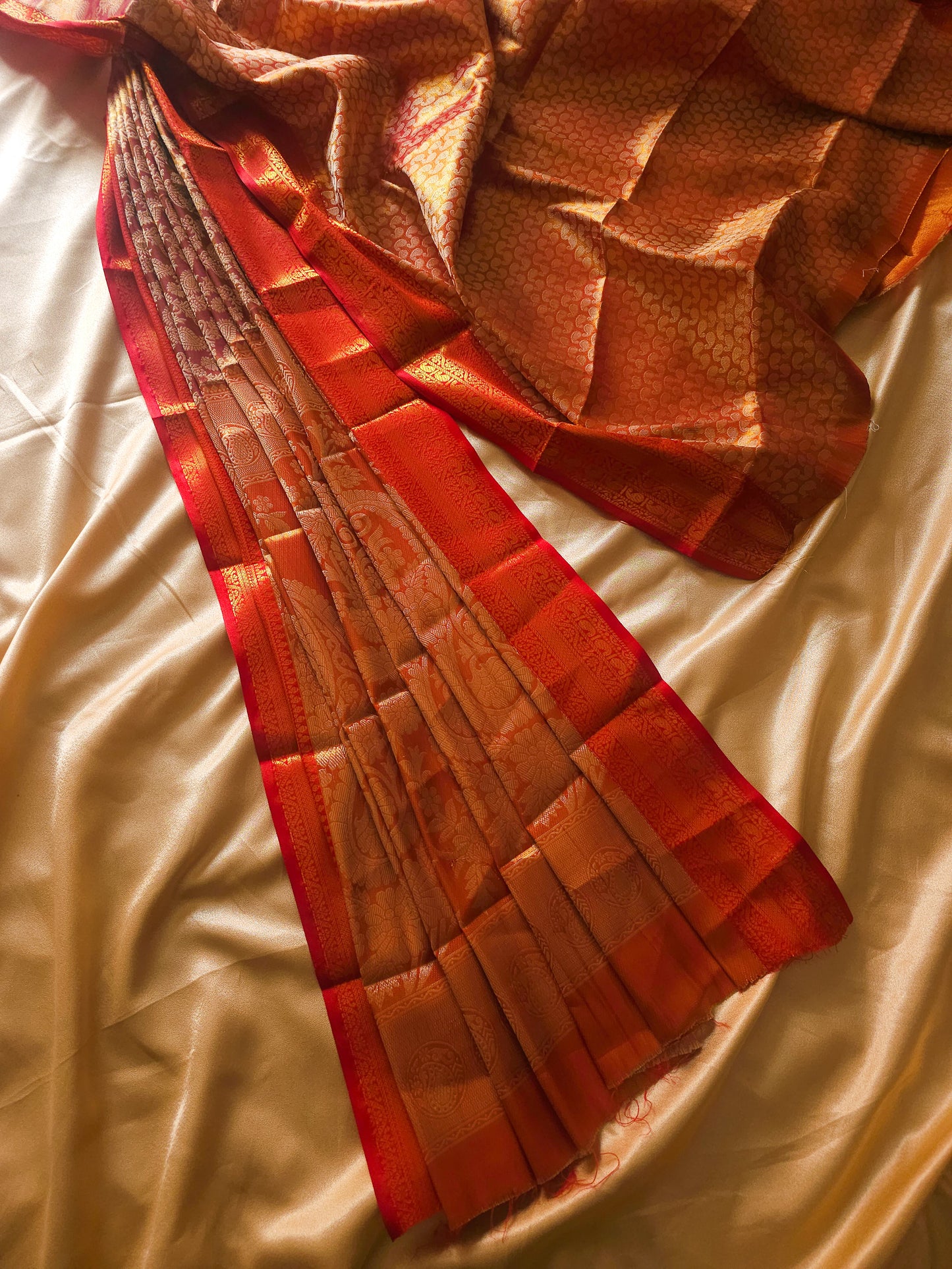 Rich Traditional soft Silk Cotton blend  Antique Gold with Crimson Red Zari Border Saree