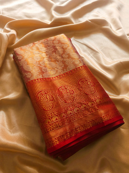 Rich Traditional soft Silk Cotton blend  Antique Gold with Crimson Red Zari Border Saree