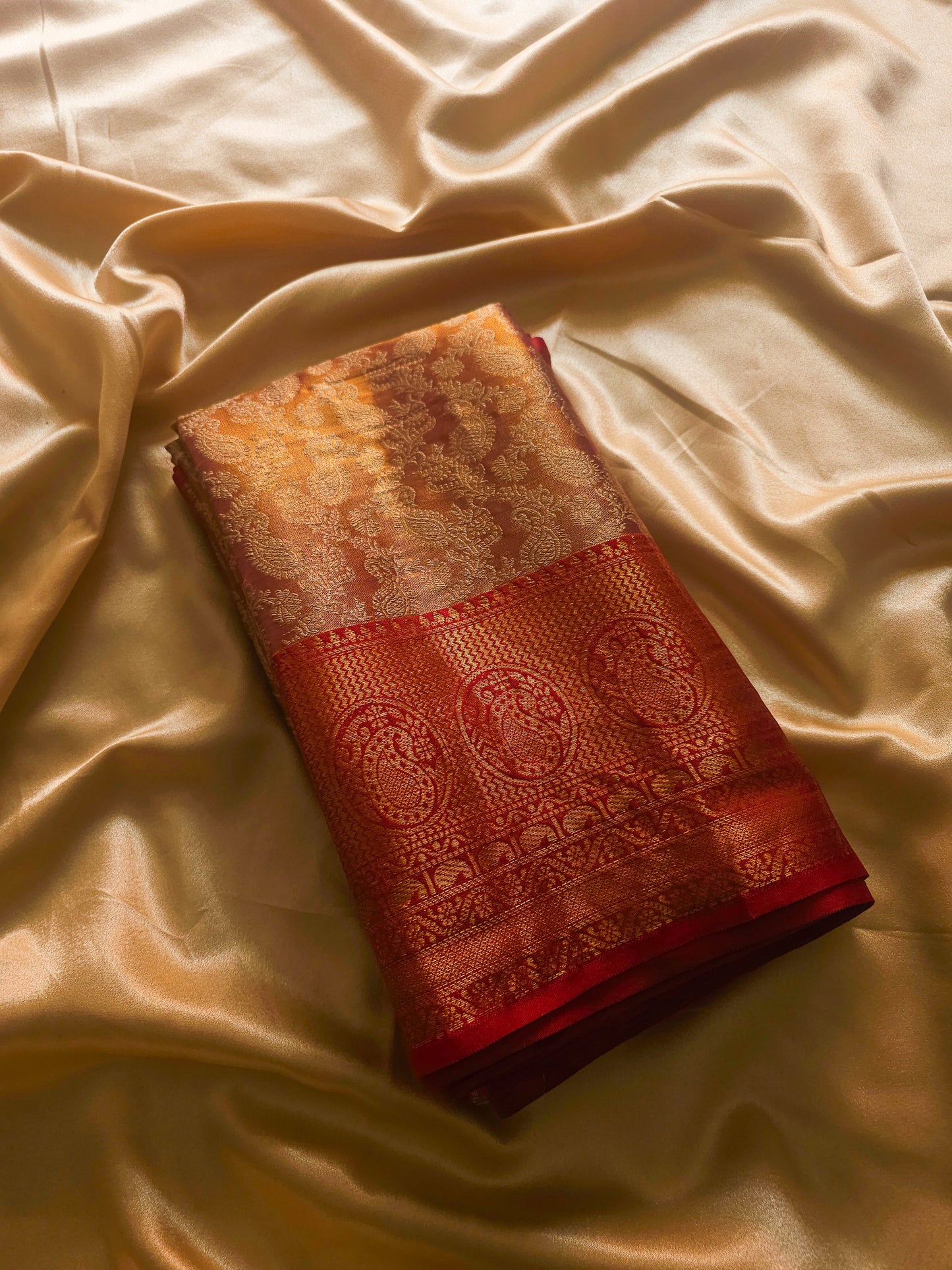 Rich Traditional soft Silk Cotton blend  Antique Gold with Crimson Red Zari Border Saree