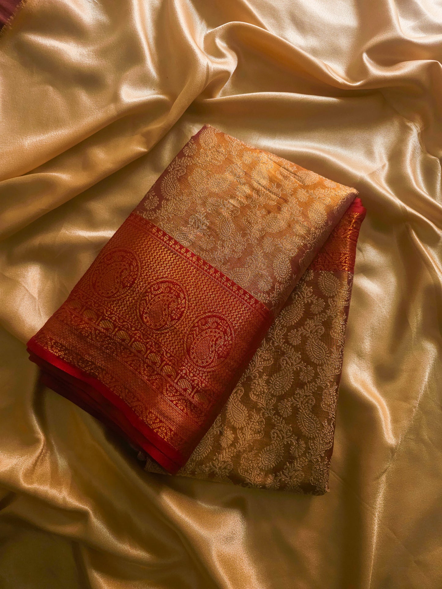 Rich Traditional soft Silk Cotton blend  Antique Gold with Crimson Red Zari Border Saree