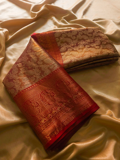 Rich Traditional soft Silk Cotton blend  Antique Gold with Crimson Red Zari Border Saree