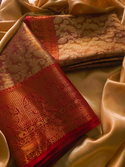 Rich Traditional soft Silk Cotton blend  Antique Gold with Crimson Red Zari Border Saree