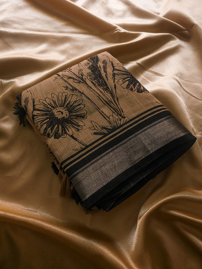 Linen Black bordered Floral Design Saree