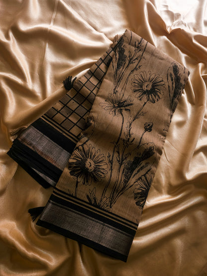 Linen Black bordered Floral Design Saree