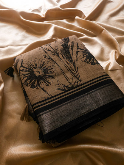 Linen Black bordered Floral Design Saree