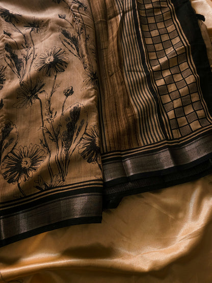 Linen Black bordered Floral Design Saree