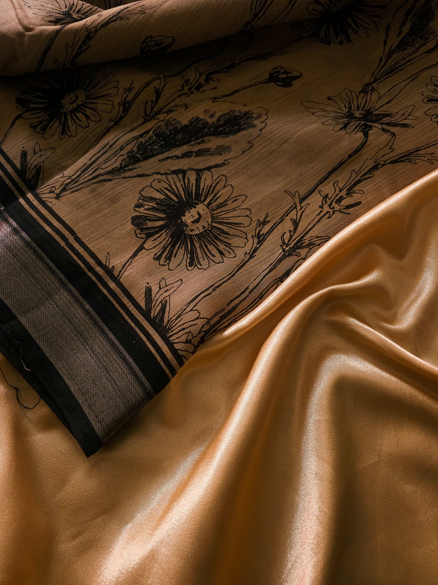 Linen Black bordered Floral Design Saree