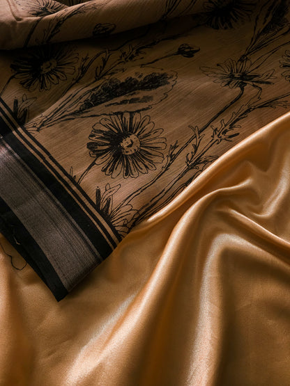 Linen Black bordered Floral Design Saree