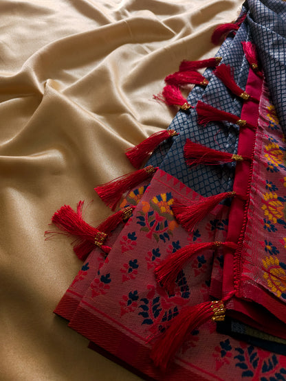Premium Tissue silk Royal Midnight Blue & Ruby Pink Saree