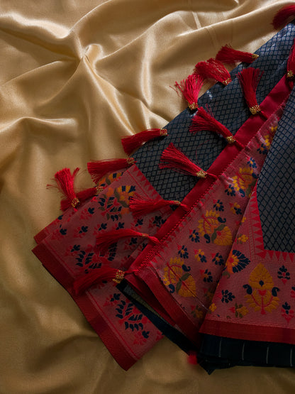 Premium Tissue silk Royal Midnight Blue & Ruby Pink Saree