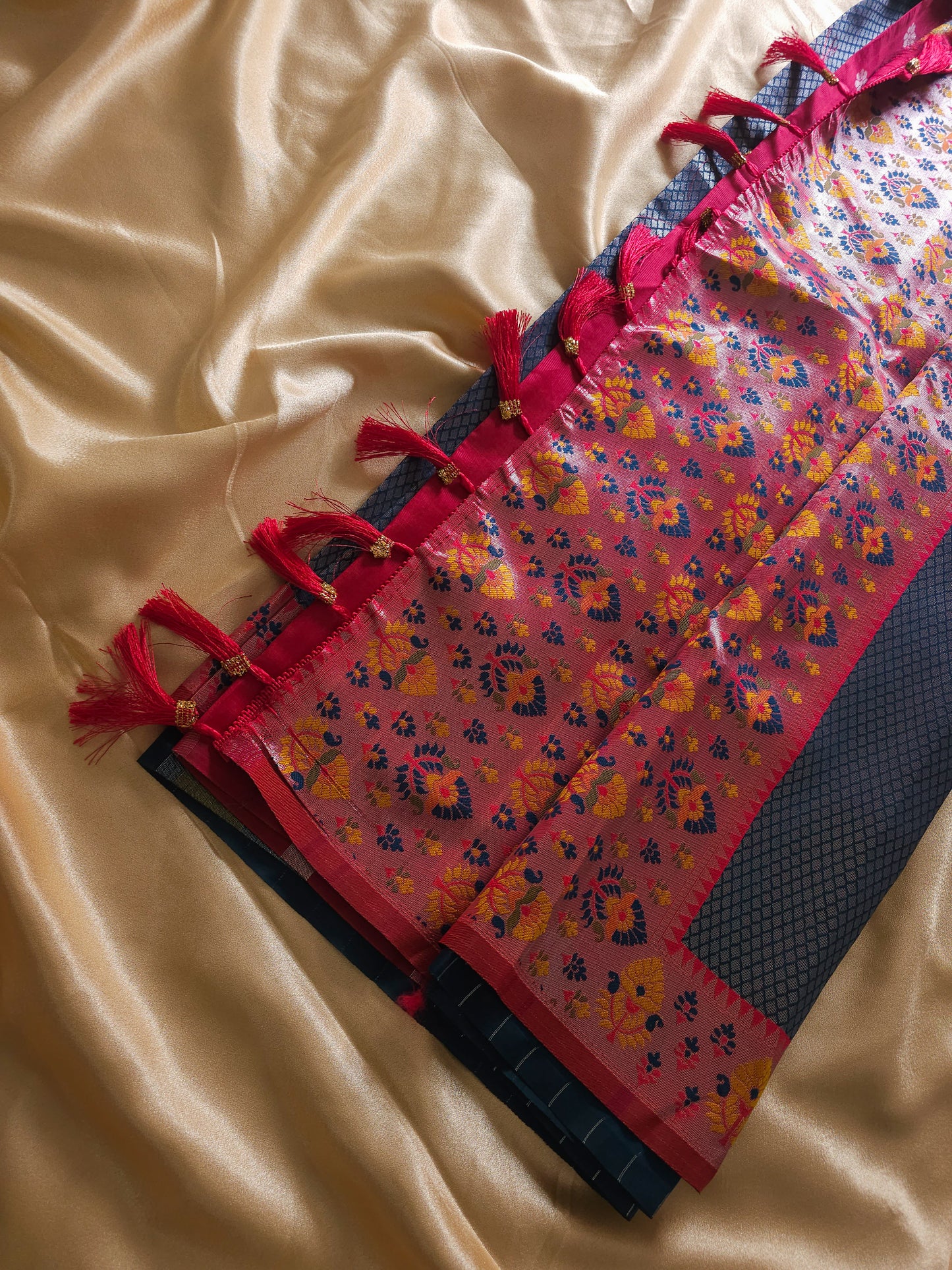 Premium Tissue silk Royal Midnight Blue & Ruby Pink Saree