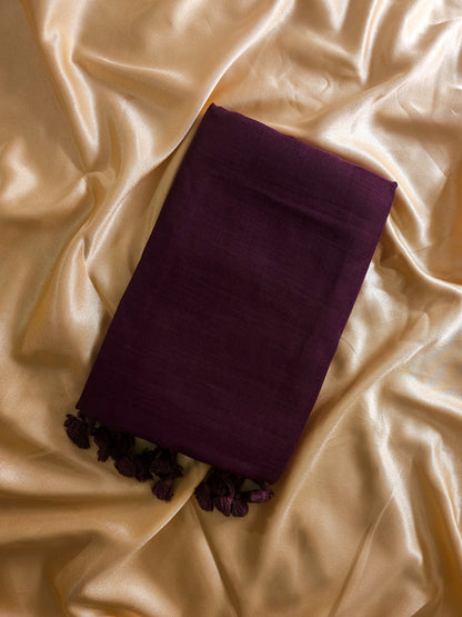 Plane Linen Violet Saree With Floral Print Blouse