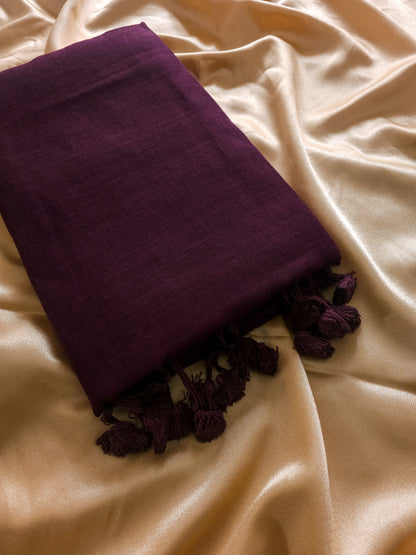 Plane Linen Violet Saree With Floral Print Blouse