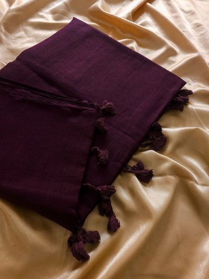 Plane Linen Violet Saree With Floral Print Blouse
