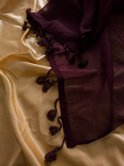 Plane Linen Violet Saree With Floral Print Blouse