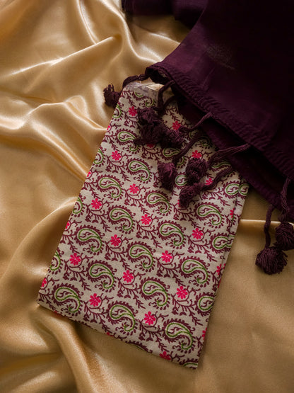 Plane Linen Violet Saree With Floral Print Blouse