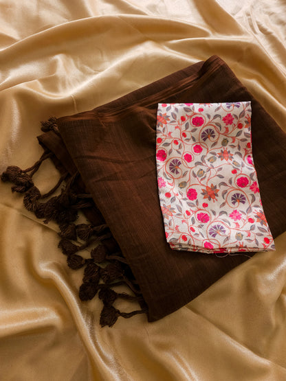 Plane Linen Coco Brown Saree With Floral Print Blouse