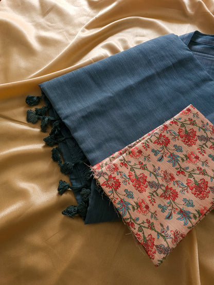 Plane Linen  Saree With Floral Print Blouse