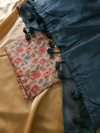 Plane Linen  Saree With Floral Print Blouse
