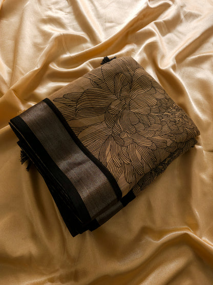 Sand Beige And Classic Black Linen saree