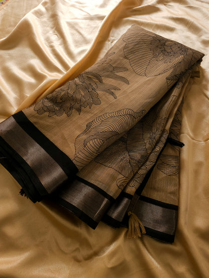 Sand Beige And Classic Black Linen saree