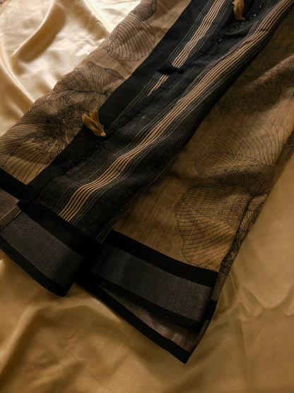 Sand Beige And Classic Black Linen saree